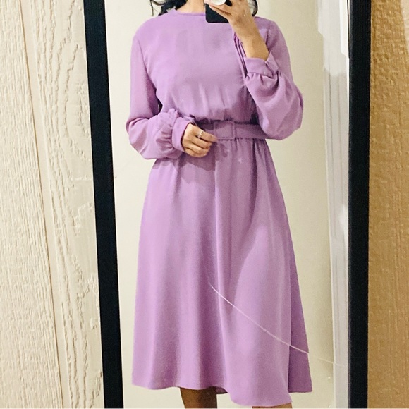Vintage Dresses & Skirts - Gorgeous Vintage Lilac Full Sleeve Midi Dress |SMALL-PETITE MEDIUM